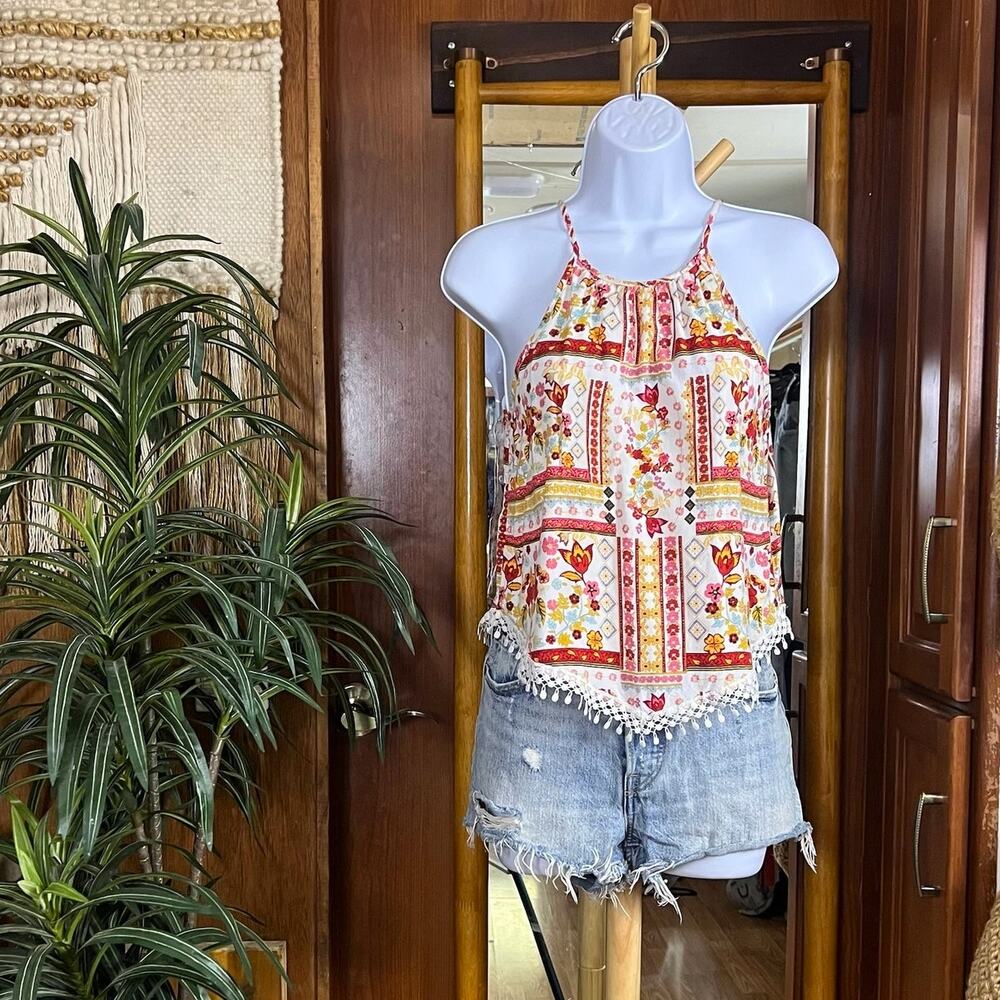 H&M Coachella Crop Top XS Patchwork Floral Halter Festival Tank Rayon Lace Trim